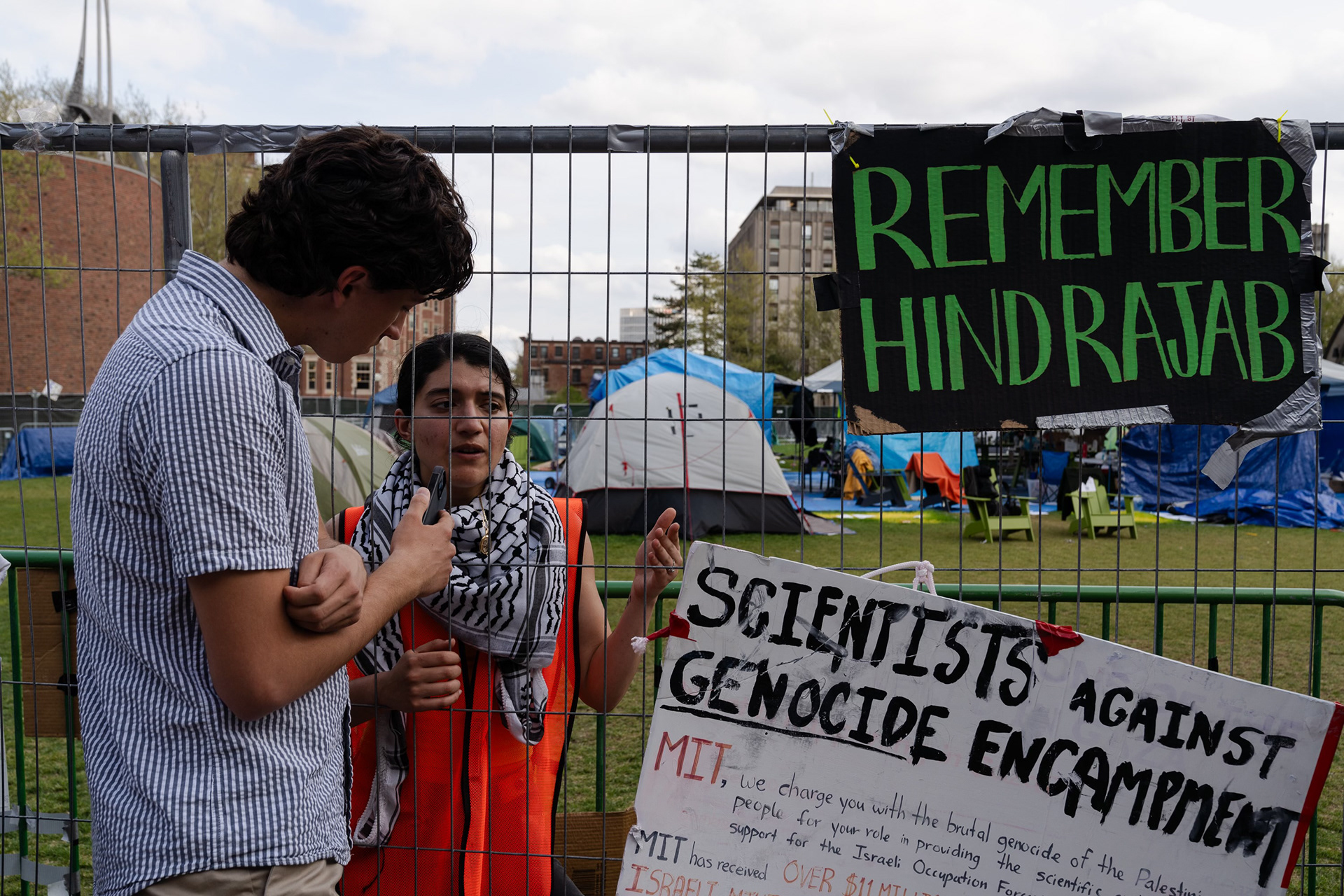 Matthew speaking to a protester at M.I.T. during the 2024 student encampment protests. Photo by Sophie Park.