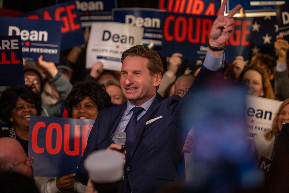 Manchester, N.H. — Long-shot democratic candidate Dean Phillips speaks to a crowd of supporters after a blowout loss in the New Hampshire primary to president Joe Biden.