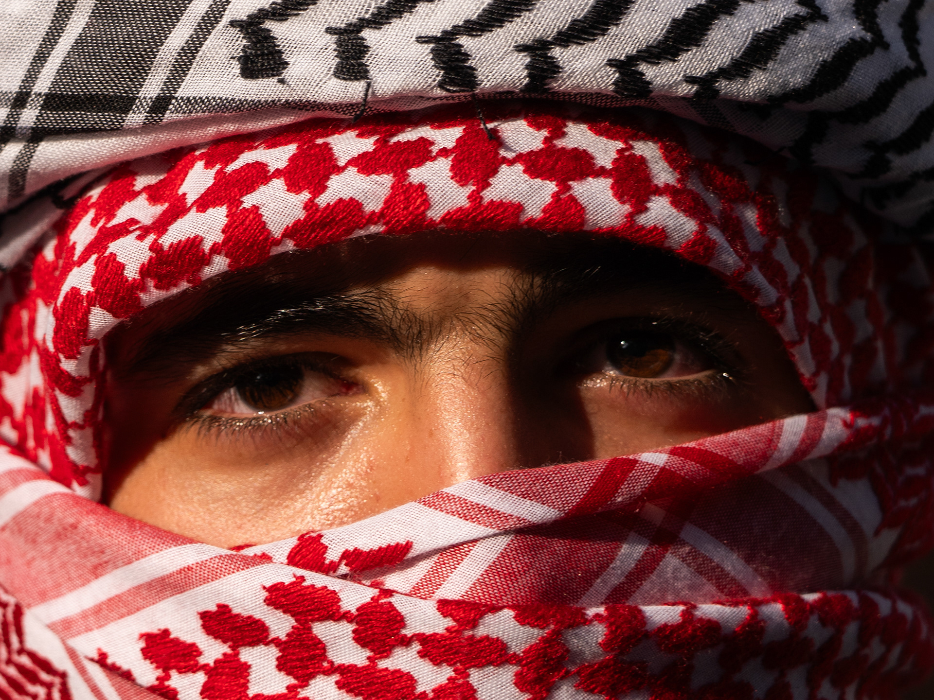 A pro-Palestine protester wrapped in a keffiyeh during a protest in Chicago. Aug. 21, 2024.   