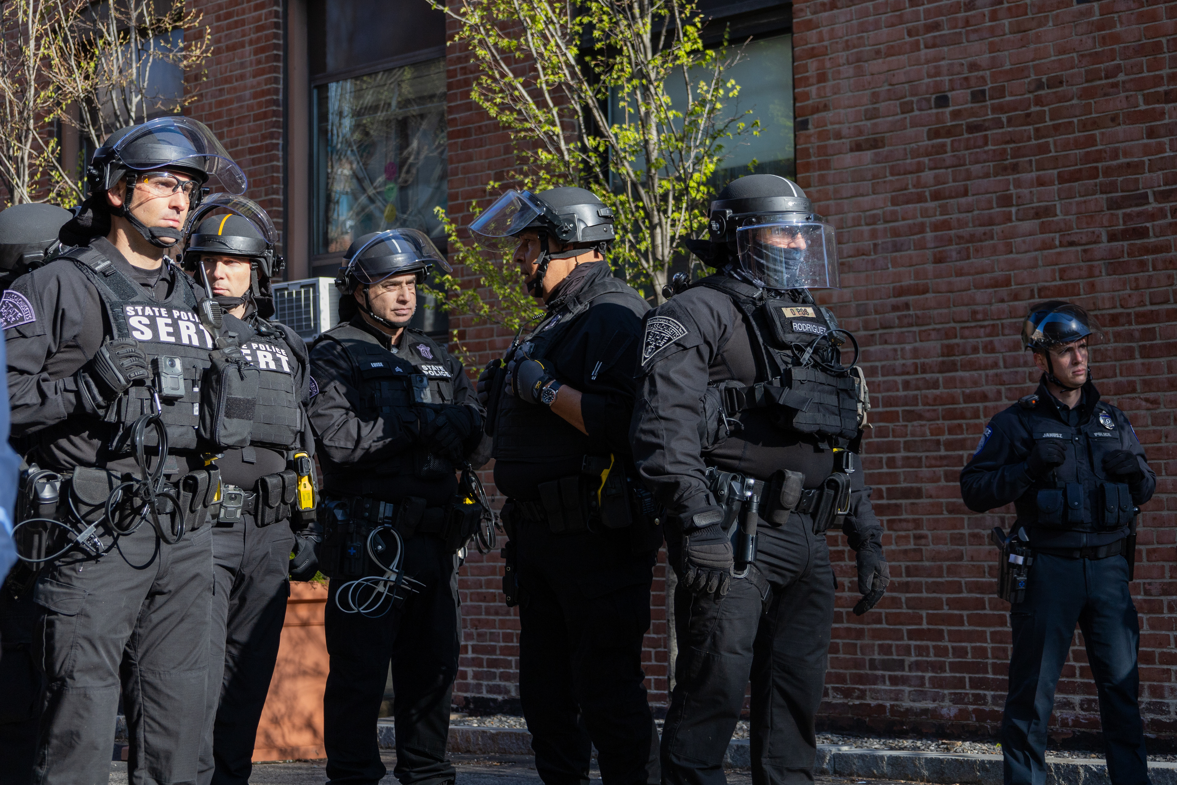 Boston — Massachusetts state police SERT unit stands guard against protesters at Northeastern University in Boston.