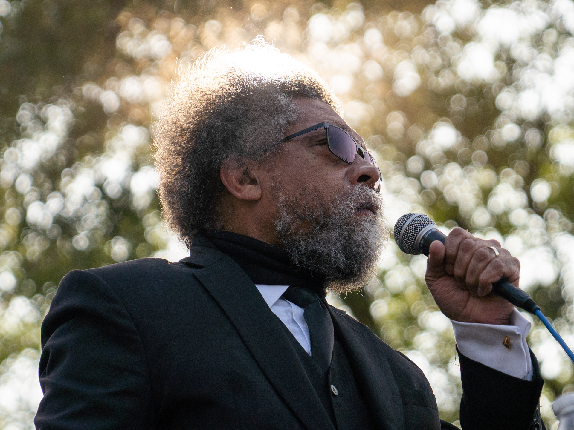 Dr. Cornel West, a long shot presidental hopeful and American philosopher speaks at a rally in Chicago before a march on the DNC. Aug. 21, 2024.