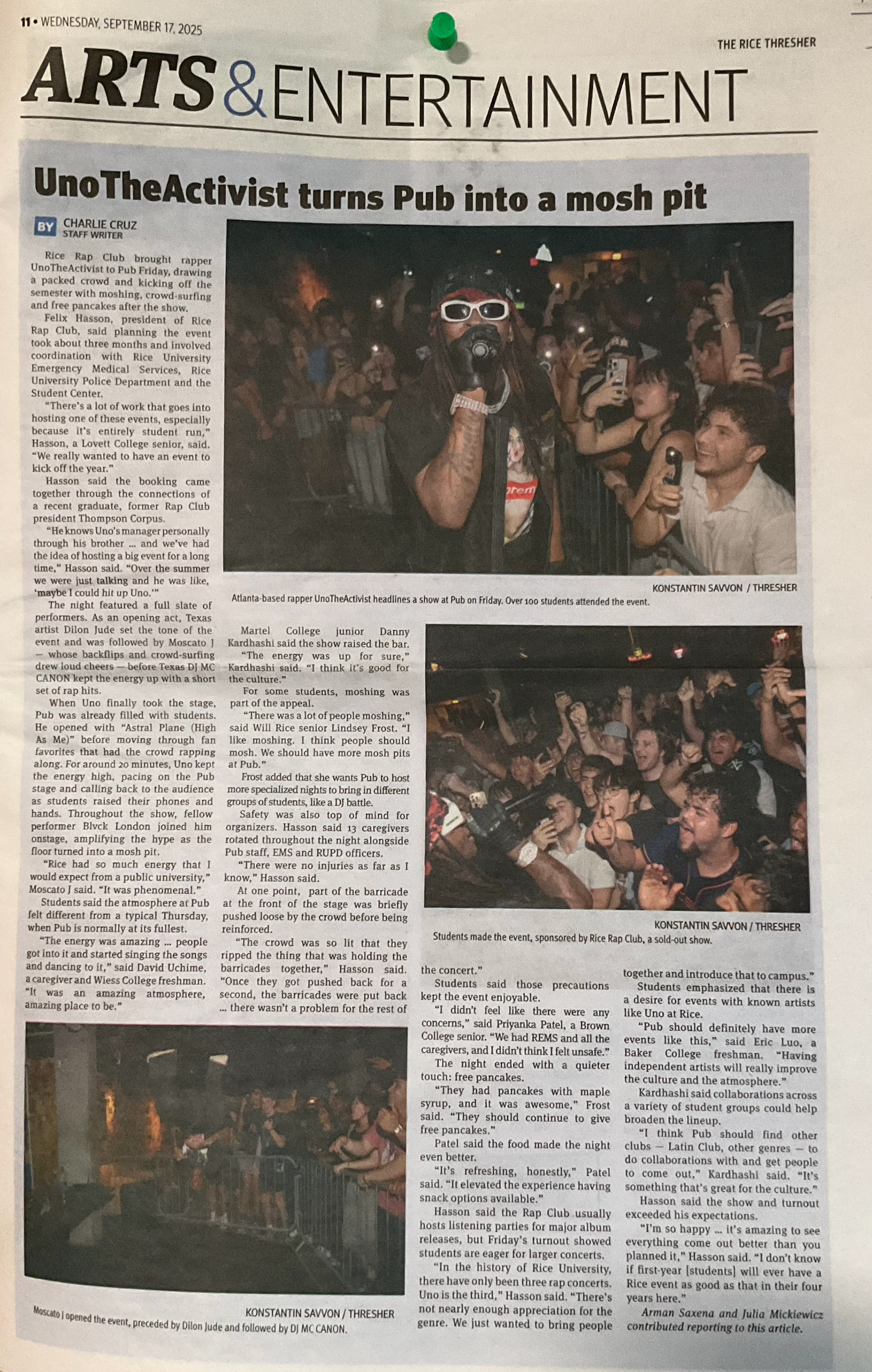 The article in the Thresher covering the Rap Club event