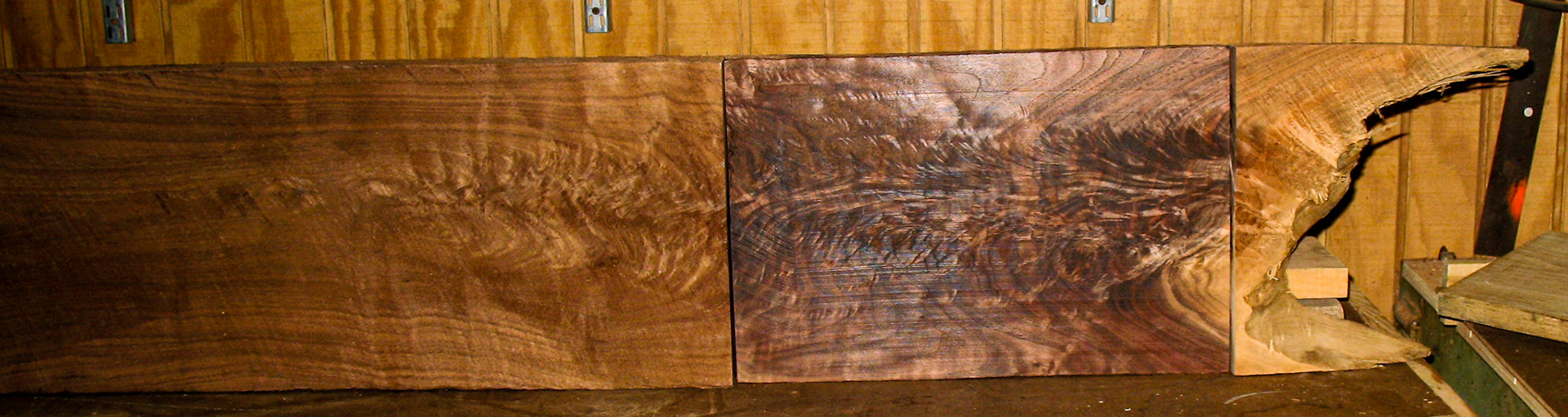 The walnut board pieced back together to show where the figured piece came from.