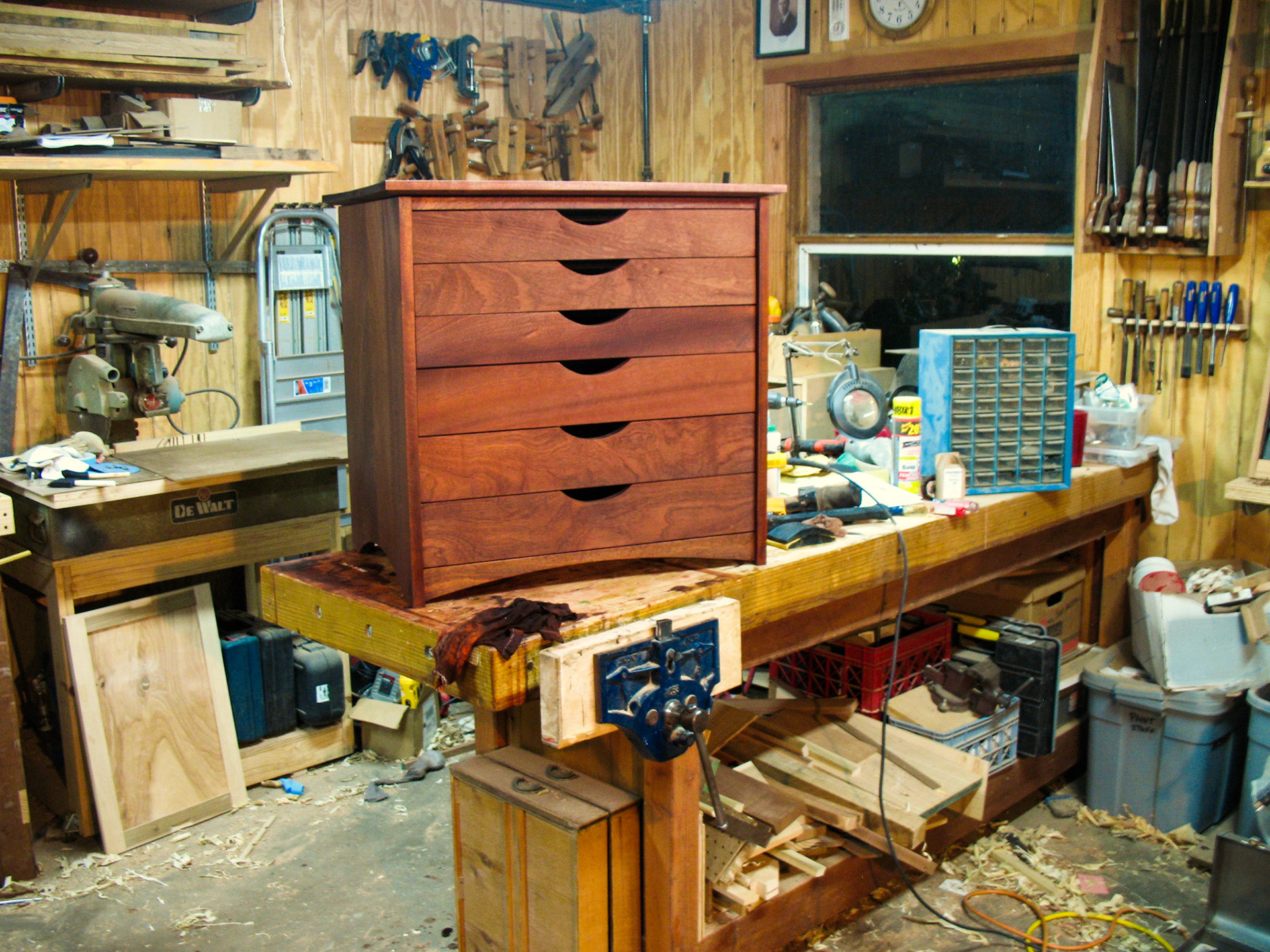 Six-drawer chest after sanding and dying (not staining) the wood.