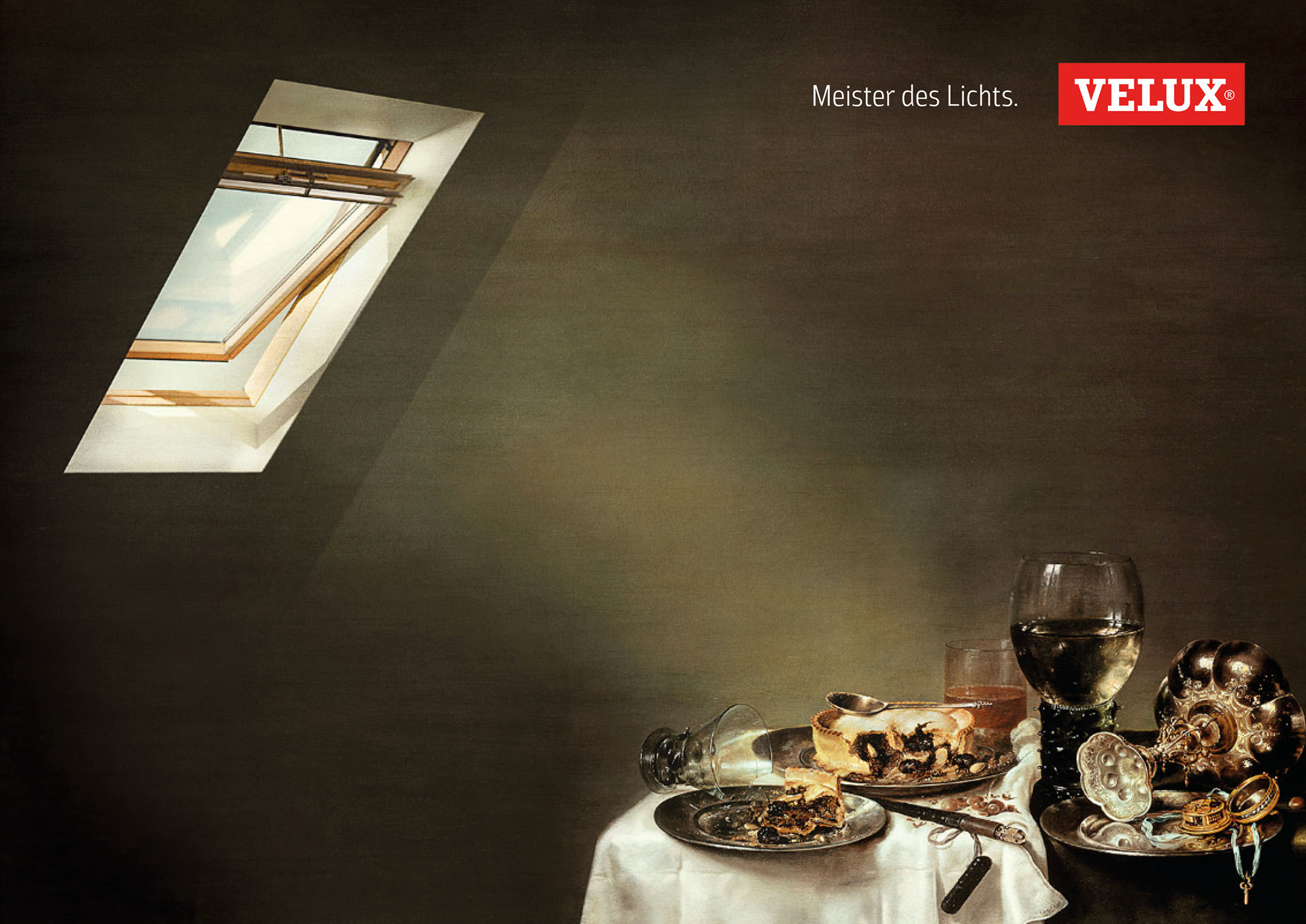 Eine Anzeige für Velux Fenster. Wir sehen einen Ausschnitt eines berühmten Gemäldes: Frühstückstisch mit Brombeer-Torte von Willem Heda. Auf den gemalten Tisch scheint ein ganz besonderes Licht. Dieses kommt durch ein Velux Fenster in den Raum hinein. Dazu steht: Meister des Lichts. Velux.
