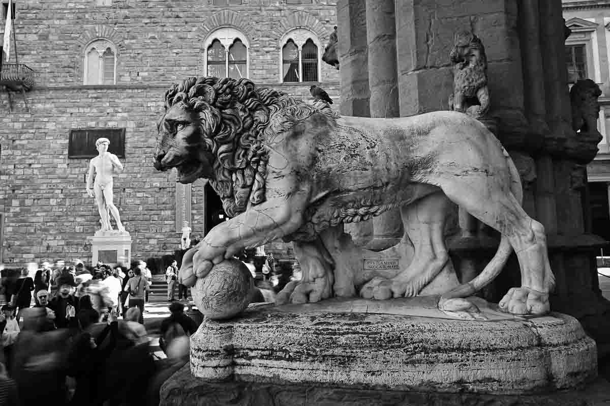 Marzocco Lion and Replica of David - Piazza della Signoria, Italy 