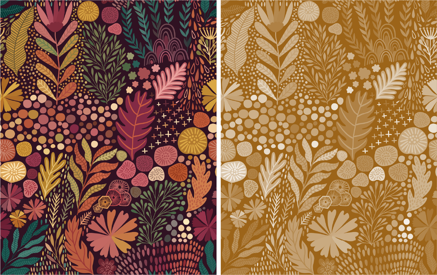Ember Meadow hero botanical pattern shown in two coordinated colorways for textile and wallpaper applications.