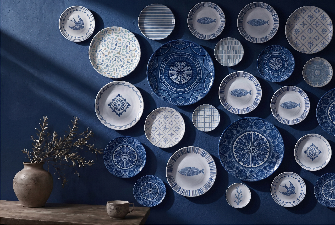 Coastal Blue watercolor pattern collection applied to decorative tableware and ceramics