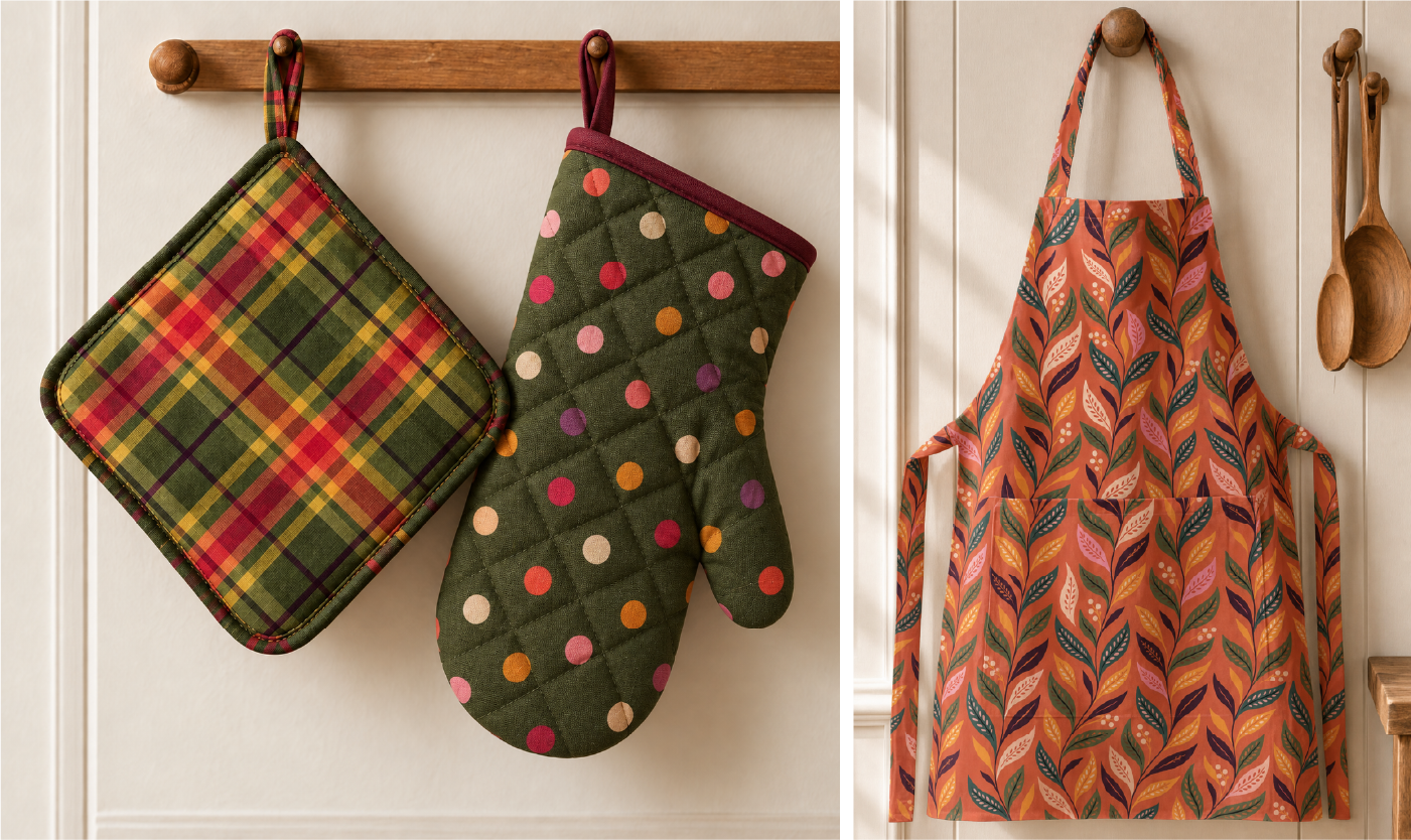 Plaid, dotted and botanical surface patterns applied to kitchen textiles including a potholder, oven mitt and apron
