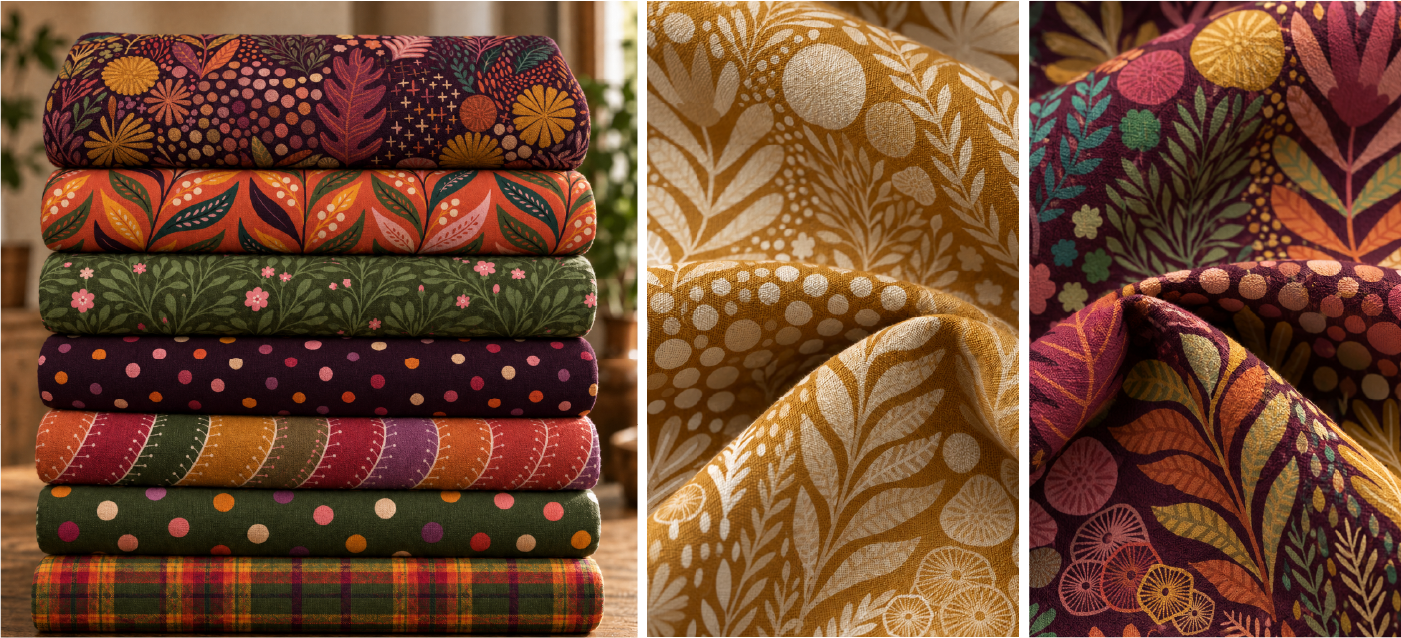 Coordinated printed fabrics from the Ember Meadow collection showing botanical, geometric and small-scale textile patterns.