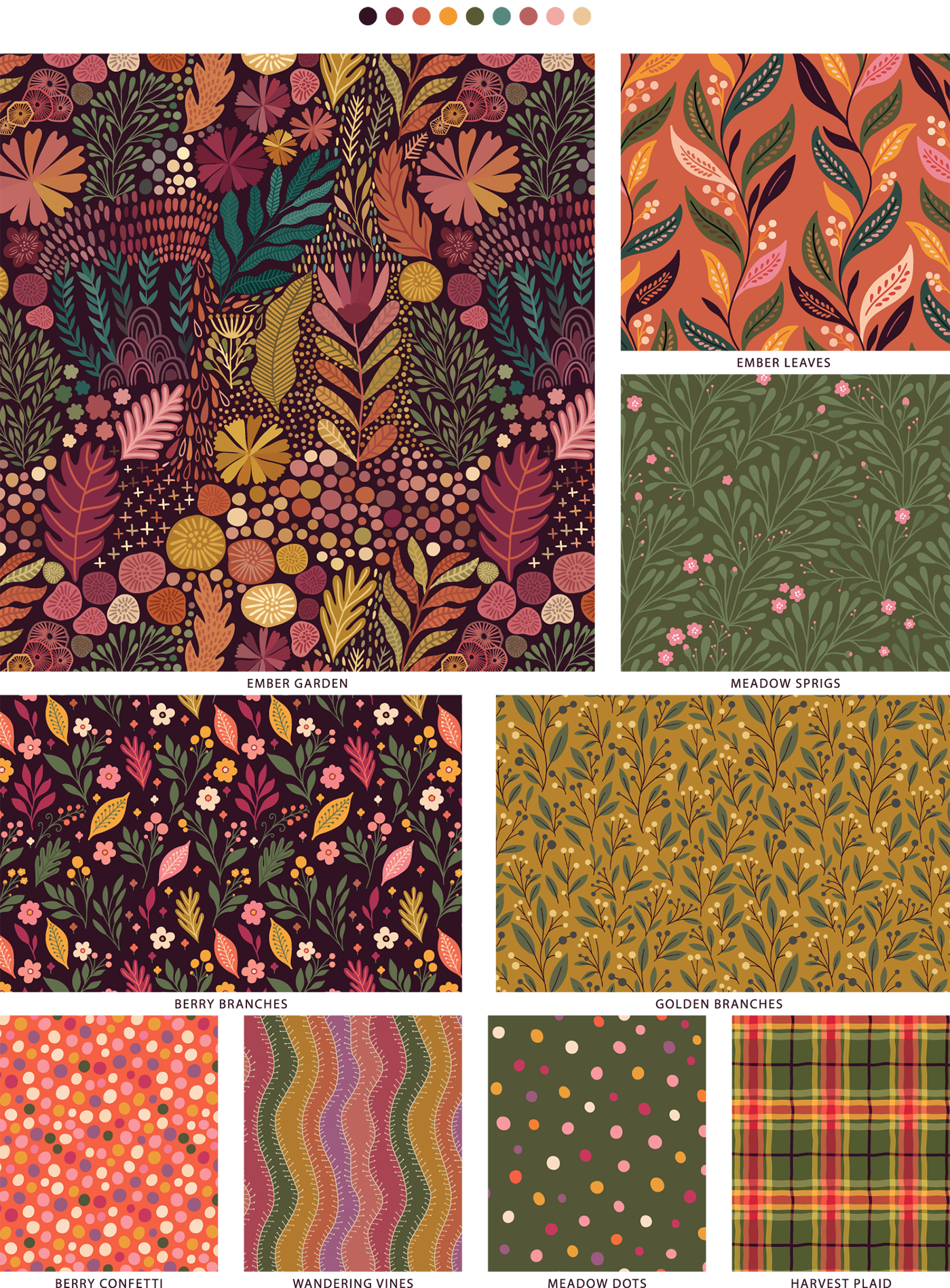 Ember Meadow collection overview featuring nine botanical, floral and geometric seamless patterns by Markovka