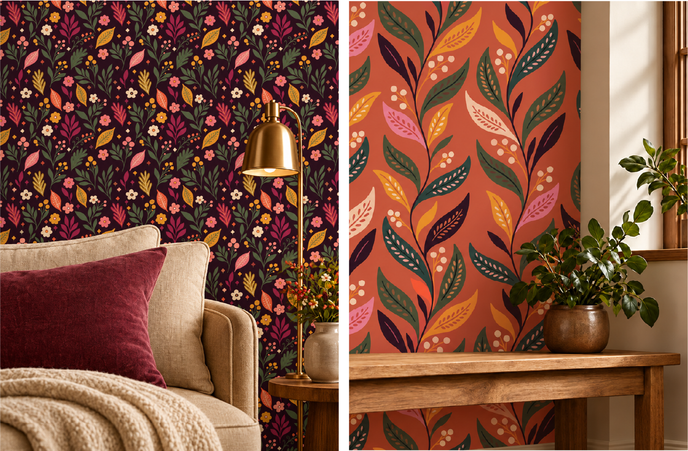 Botanical wallpaper patterns from the Ember Meadow collection shown in warm interior applications.