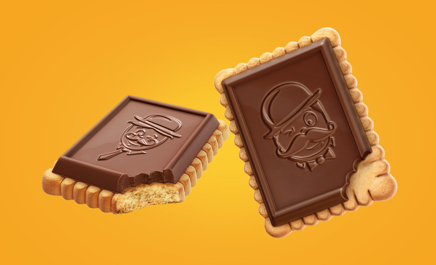 a 3d cgi cookie covered by chocolate with bearded man stamp on top