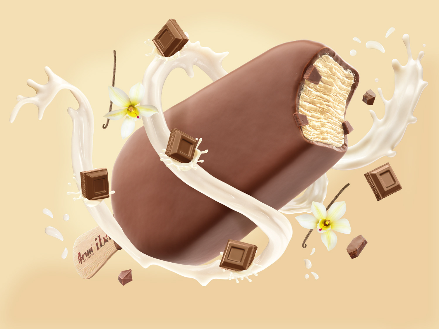 cgi key visual of ice cream bar chocolate with vanilla flavor with chocolate pieces and vanilla flowers on a beige background