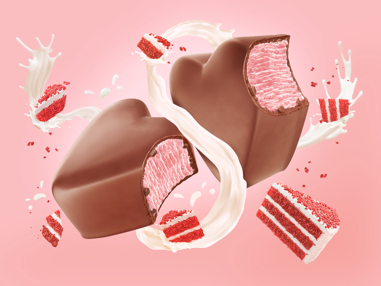 cgi key visual of ice cream bombons heart shaped  with pieces of red velvet cake and a milk splash on a pink background