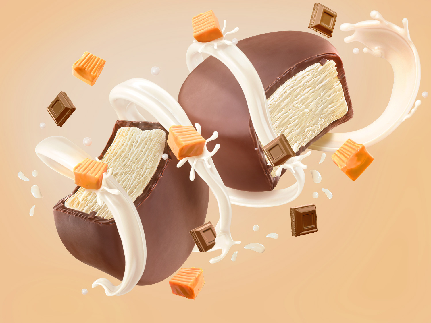 cgi key visual of ice cream bombons chocolate with caramel flavor with caramel and chocolate pieces and milk splash