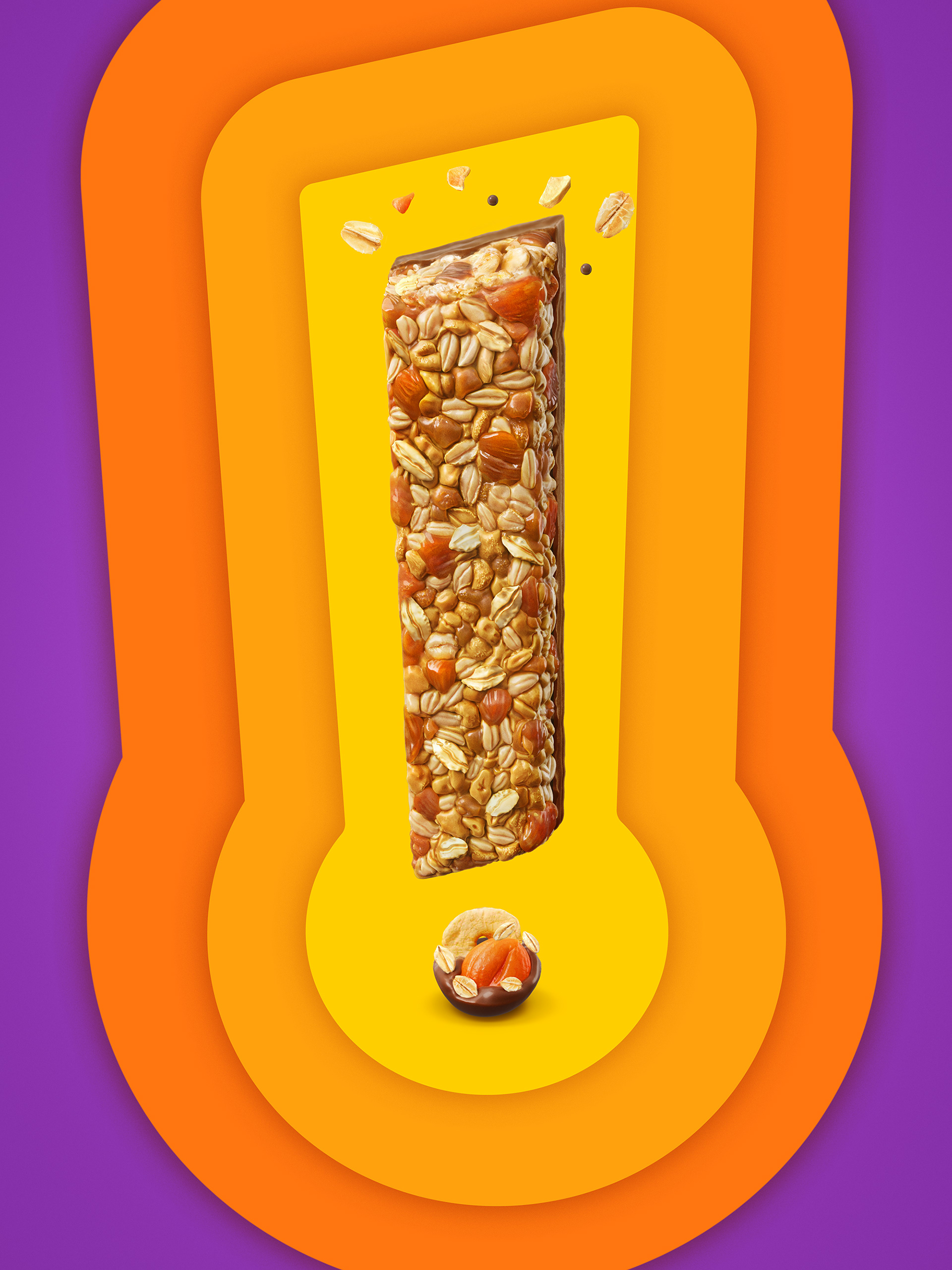 cgi key visual of cereal bar with damascus on a colored background