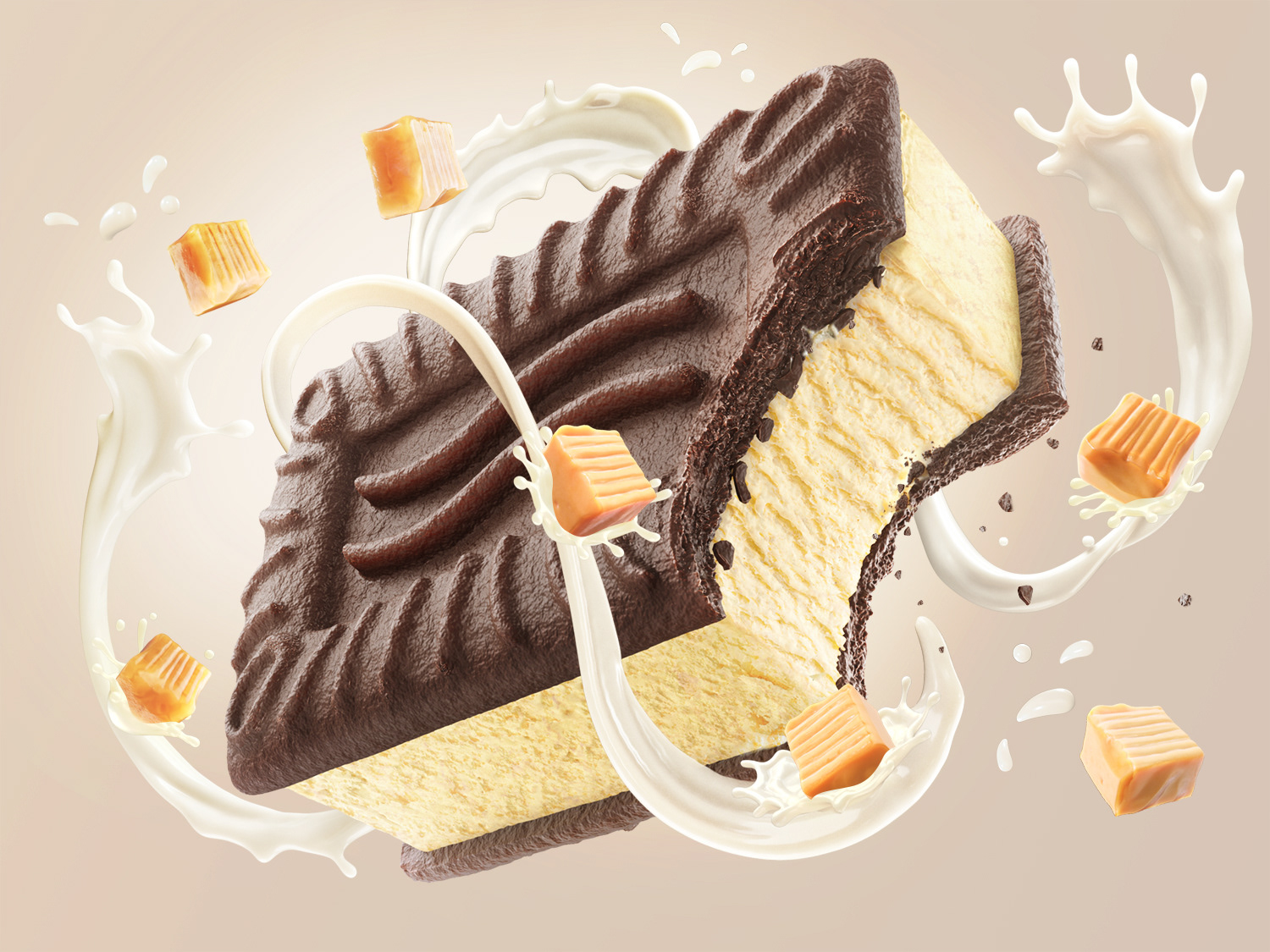 3d cgi key visual of ice cream cookie with caramel pieces and a milk splash on a beige background