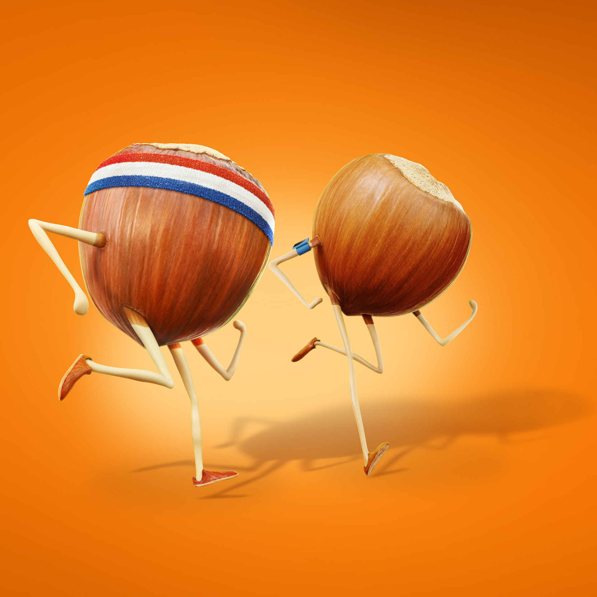 two 3d character of humanized hazelnuts running on a CGI background