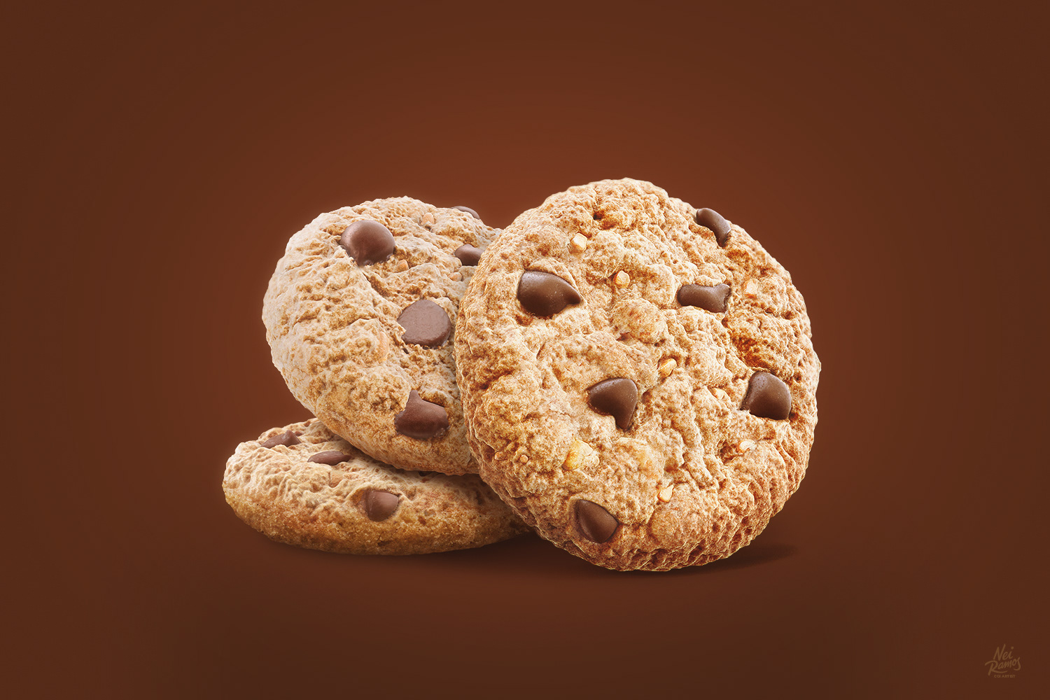 3d cgi cookies with chocolate drops on a brown background