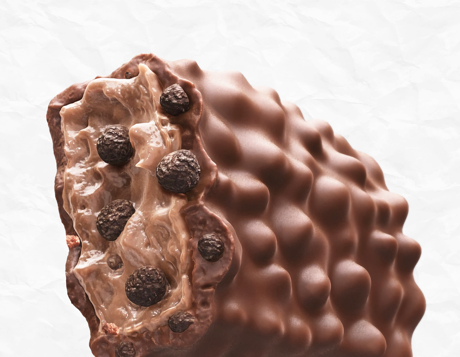 3d cgi vegan protein bar flavor crunchy chocolate on a white background close view