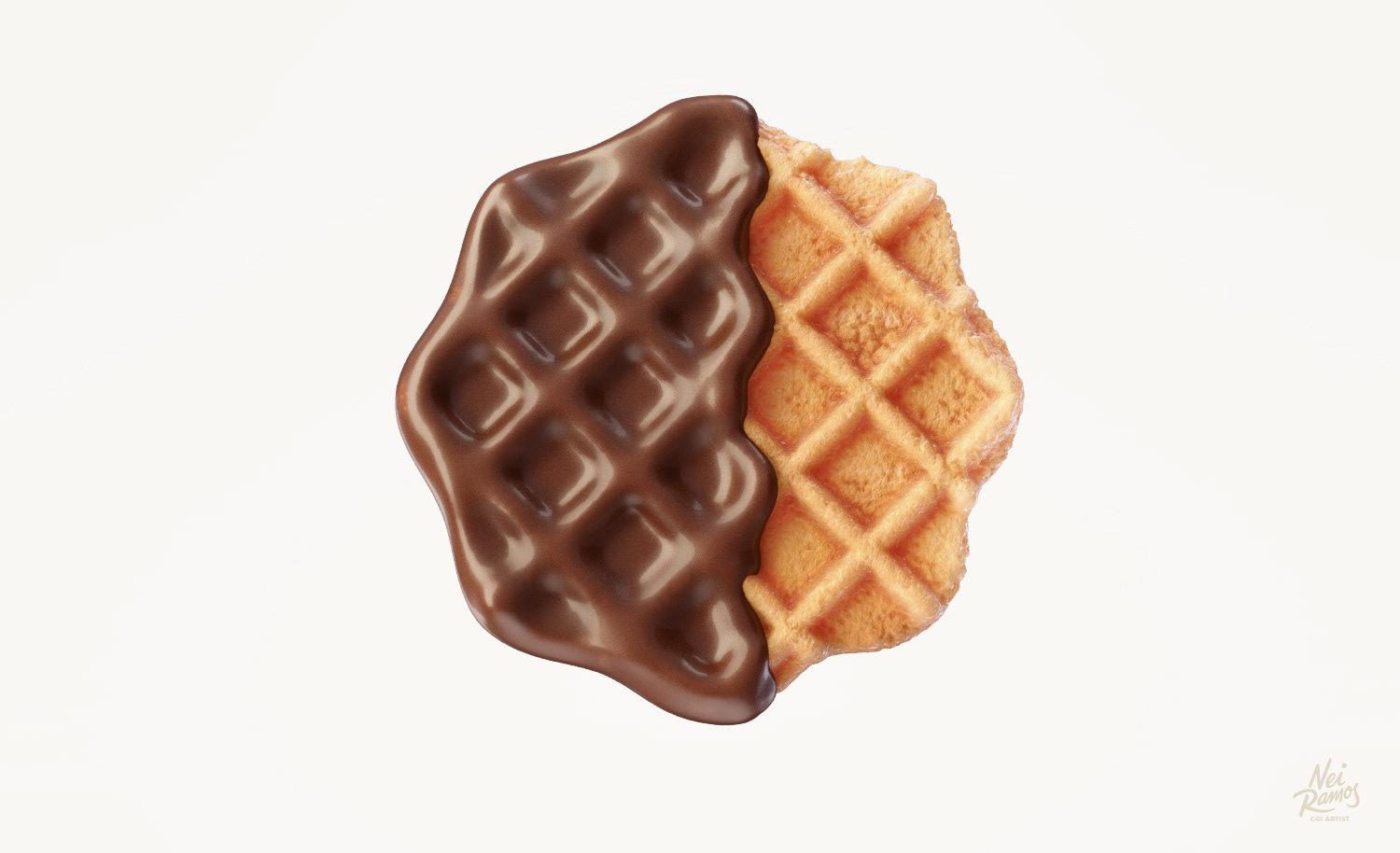 a 3d cgi waffle half covered by chocolate on a white background