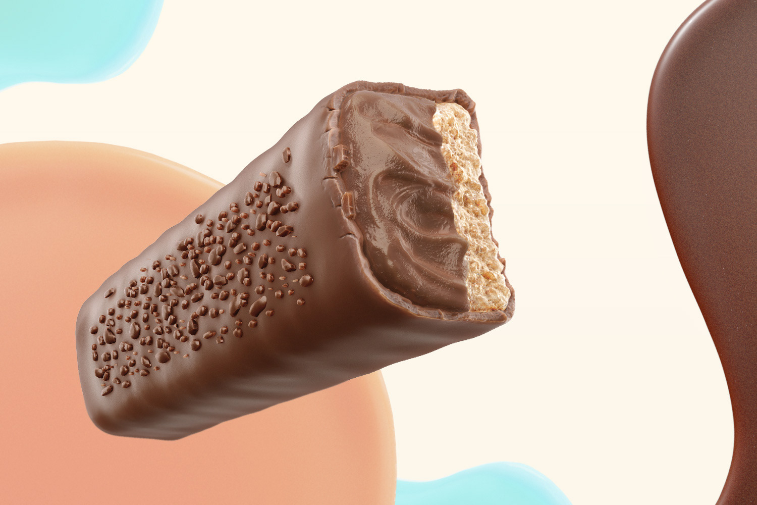 a 3d cgi ice cream protein bar with chocolate bits on top and covered by chocolate
