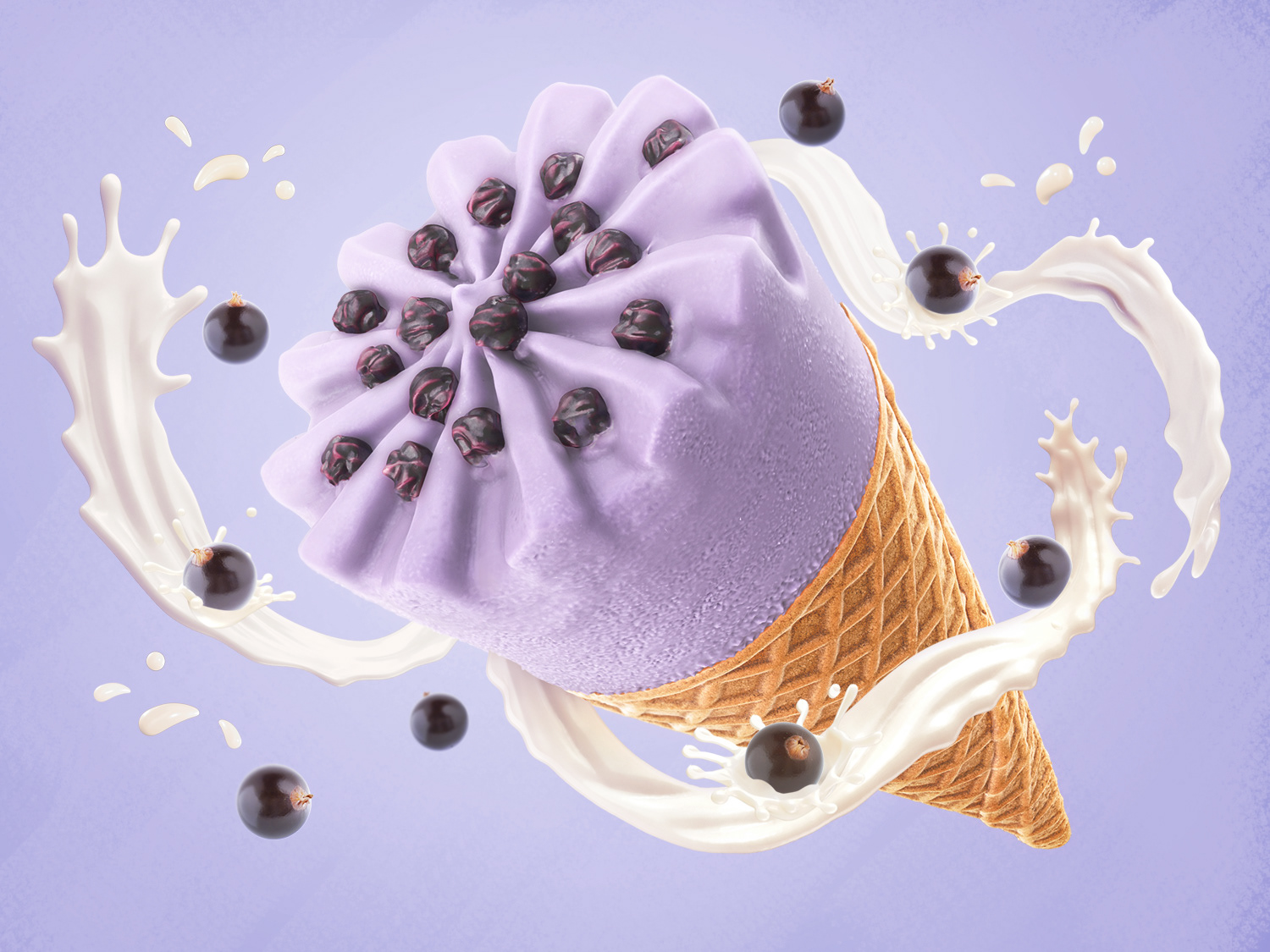 3d cgi key visual ice cream cone blueberry flavor with blueberries and milk splash on a lilac background