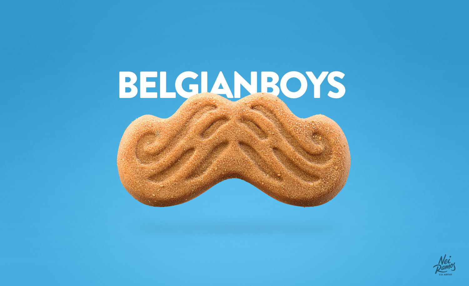 a 3D CGI biscuit with moustache format on a blue background