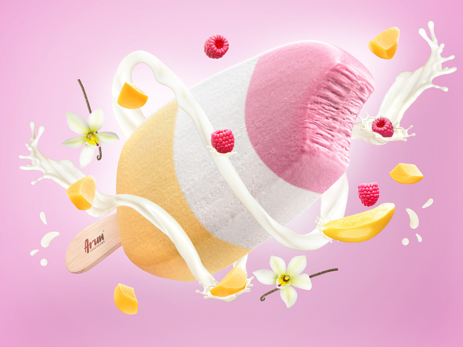 3d key visual three colors ice cream bar with cranberrys vanilla flowers mango pieces and milk splash
