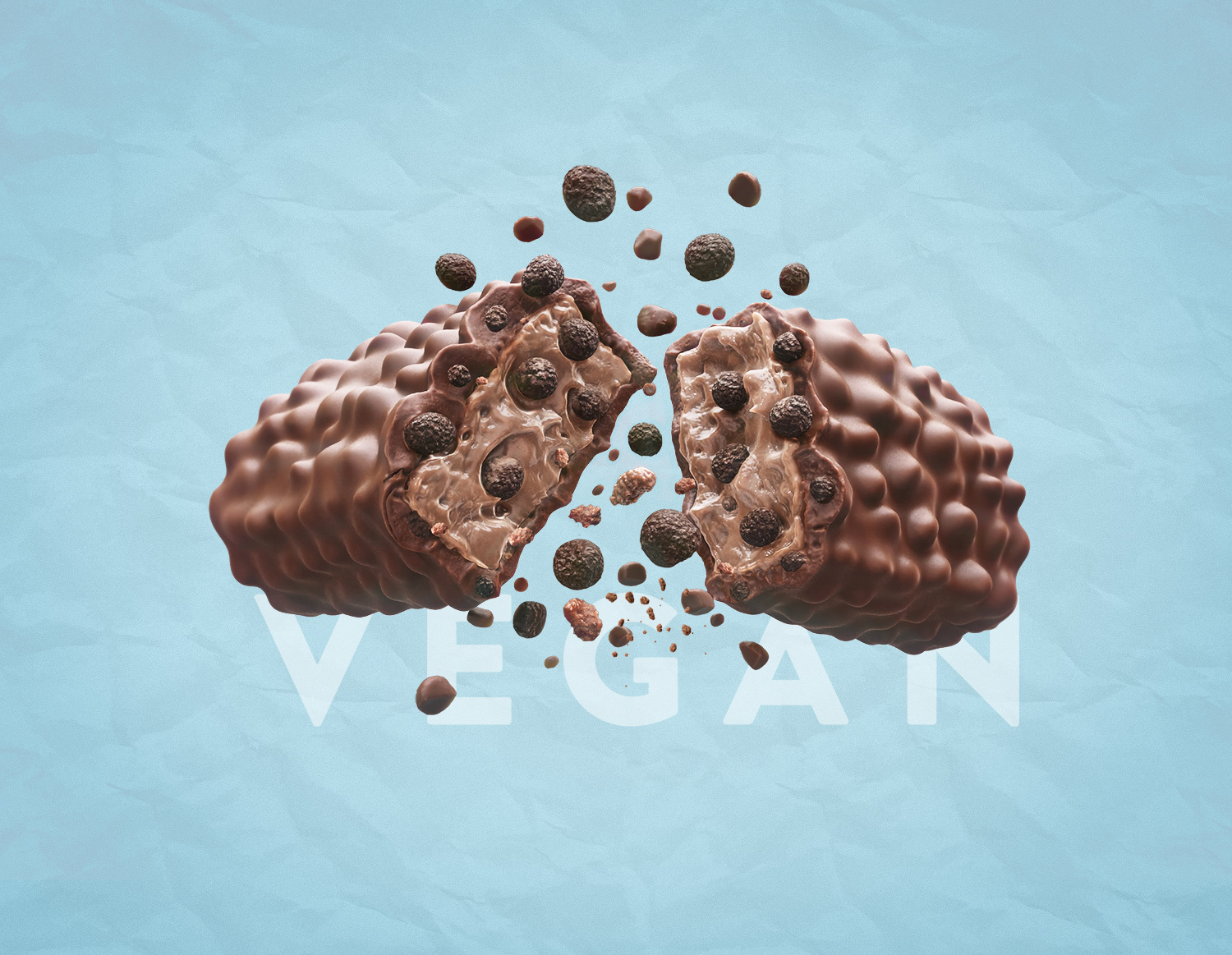 a 3d cgi vegan protein bar flavor crunchy chocolate on a light blue background