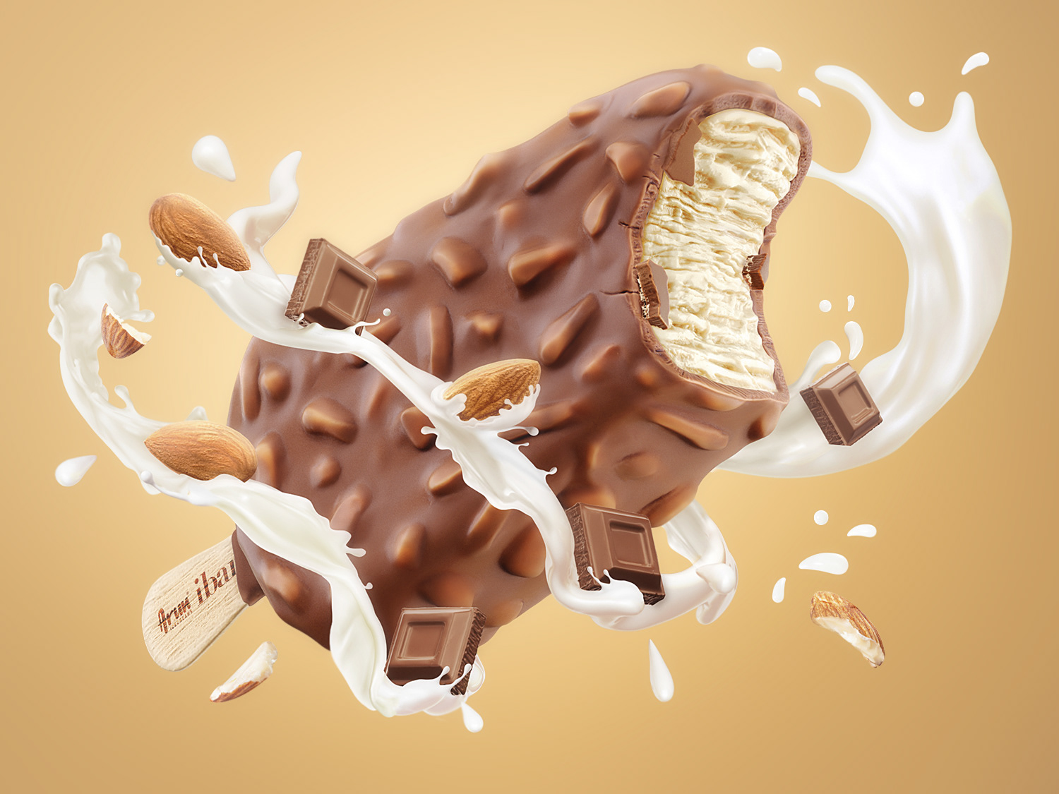 cgi key visual of ice cream bar chocolate flavor with almonds and chocolate pieces on a light brown background
