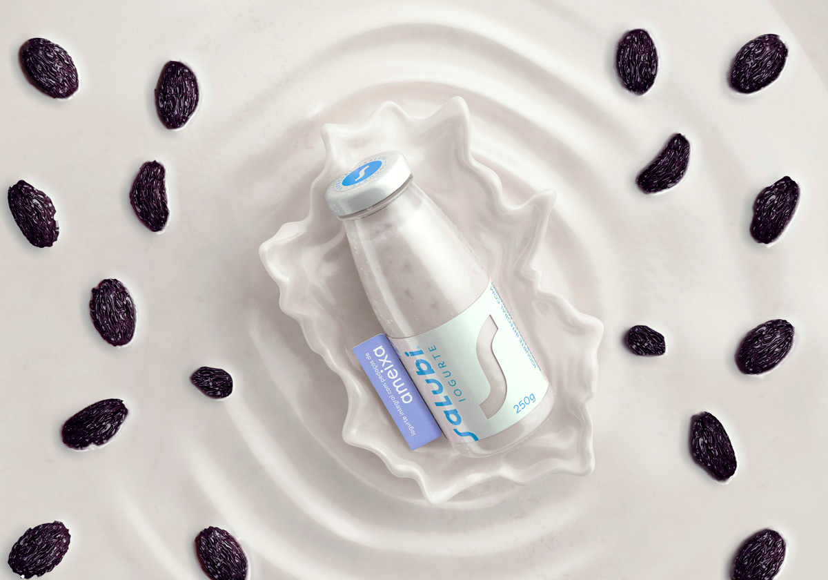 a cgi key visual of a yogurt on a creamy background with prunes