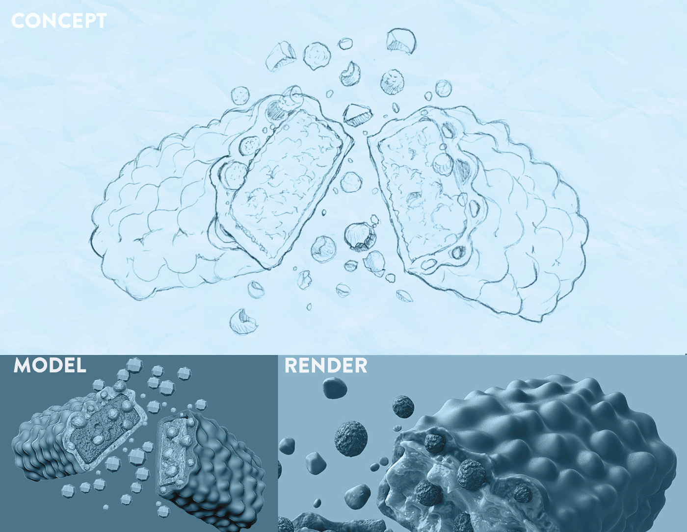 work-in-progress of a 3d cgi vegan protein bar flavor crunchy chocolate on a light blue background