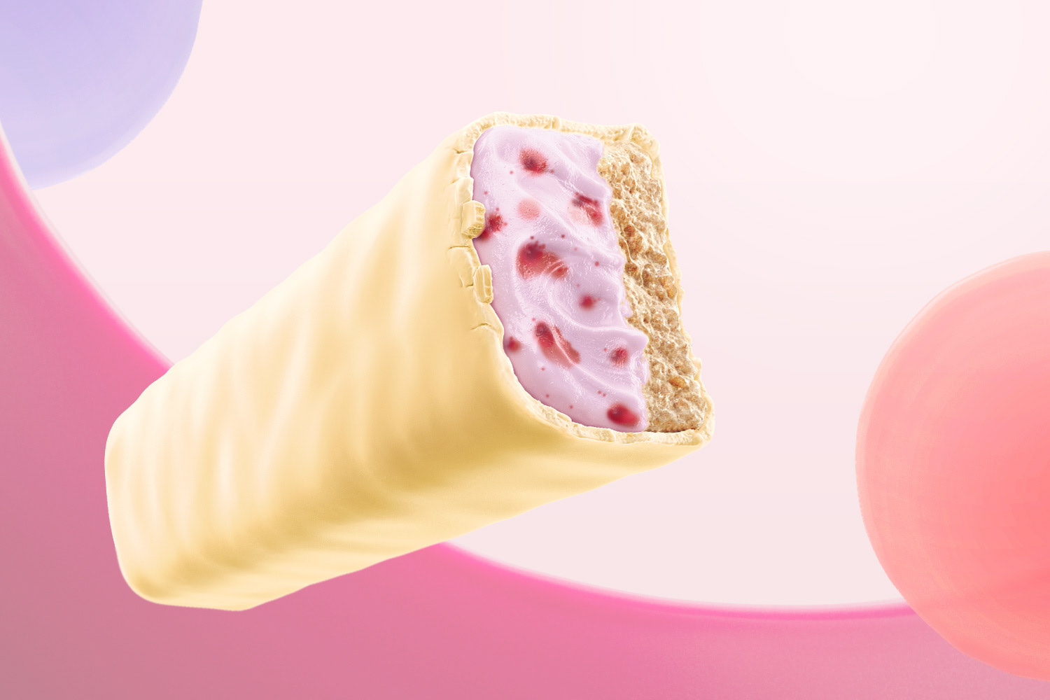 a 3d cgi ice cream protein bar amarena flavor covered by white chocolate