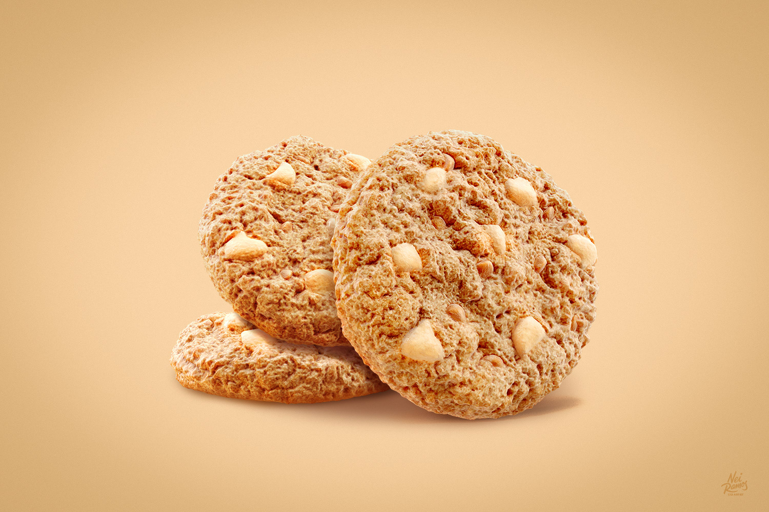 3d cgi cookies with white chocolate drops on a beige background