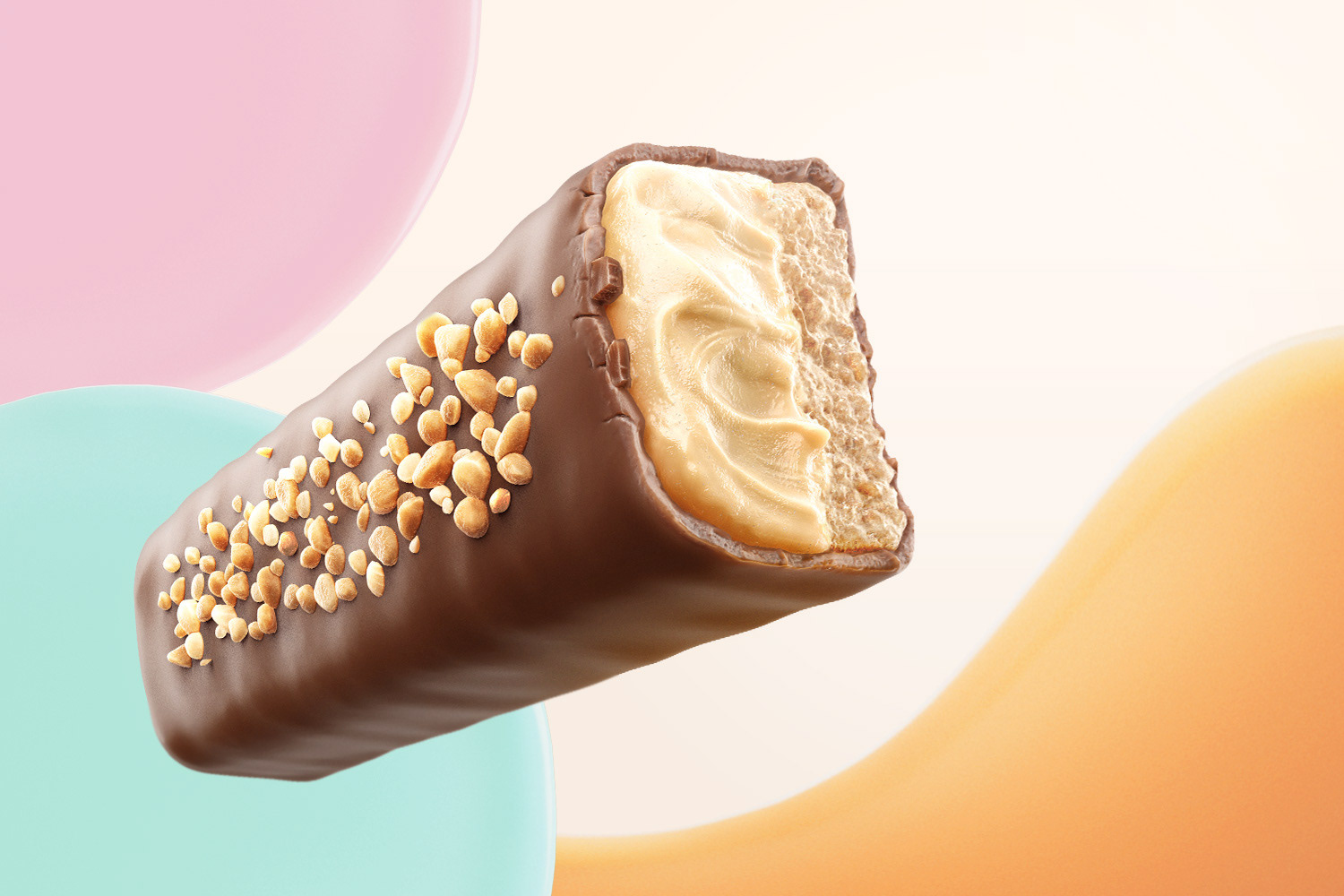a 3d cgi ice cream protein bar with almonds and covered by chocolate