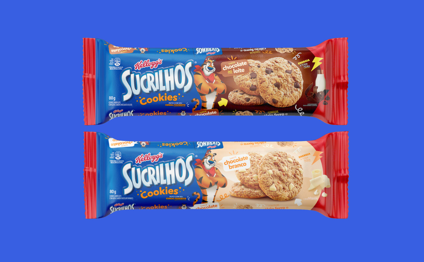 two packshots of Sucrilhos Kellogs cookies packaging on a royal blue background