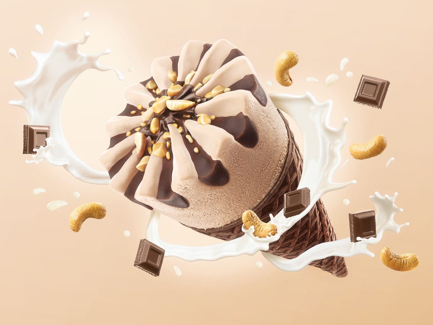3d cgi key visual of ice cream cone chocolate flavor with peanuts and chocolate pieces with milk splash on a beige background 