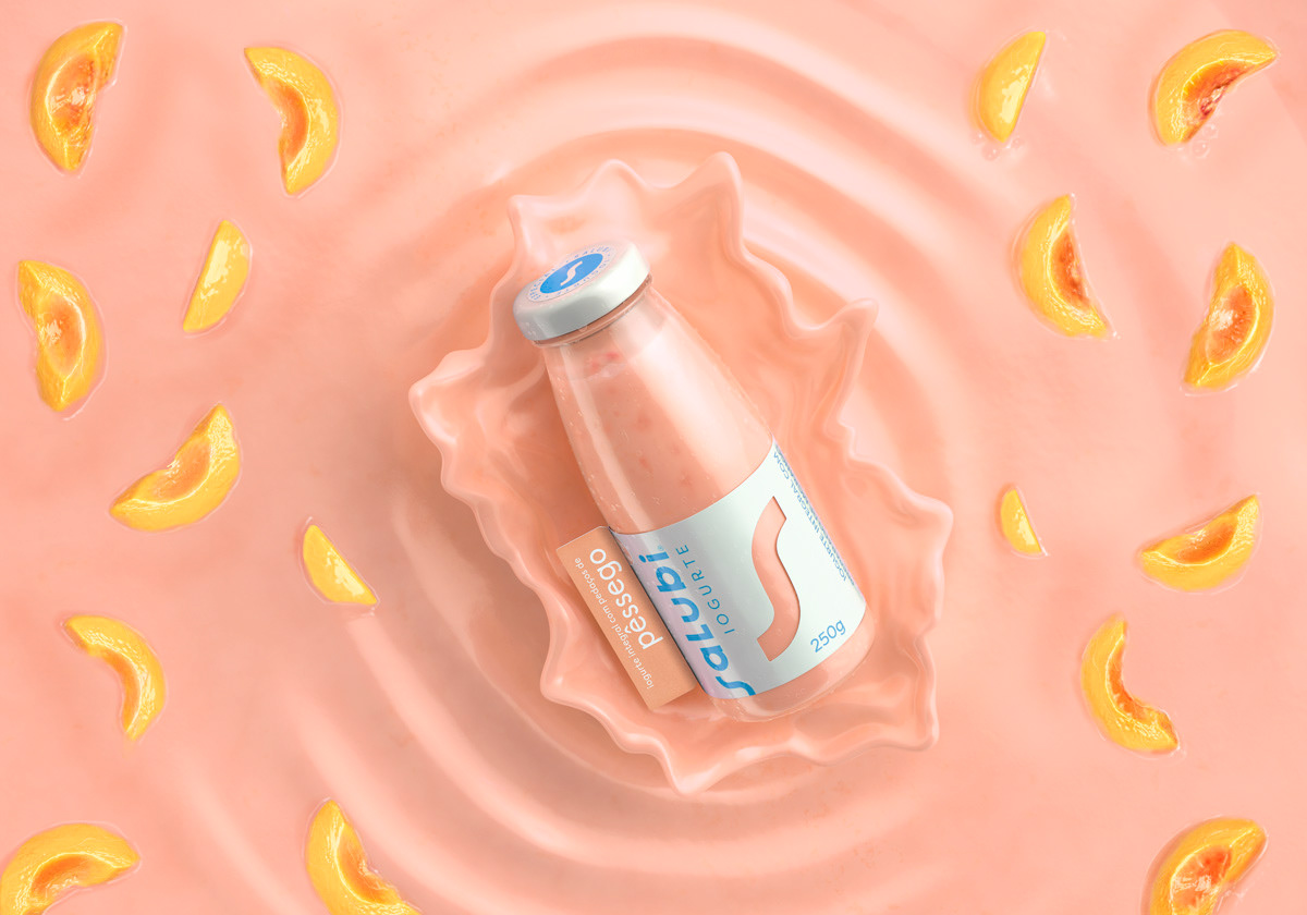 a cgi key visual of a yogurt on a creamy background with peaches pieces