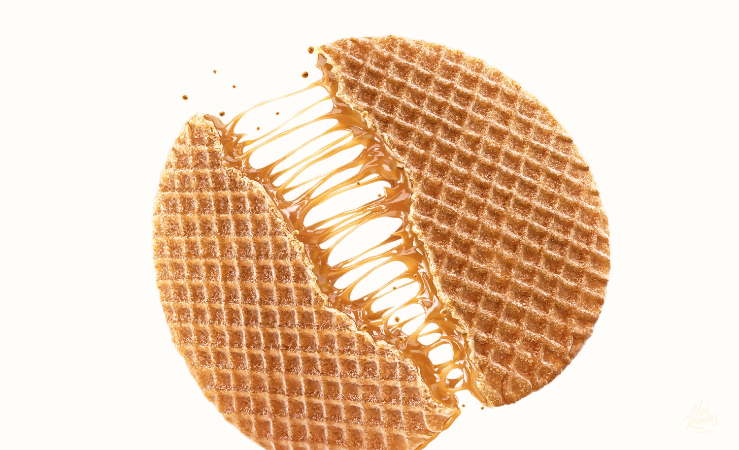 a 3d cgi stroopwafel filled with caramel on a white background