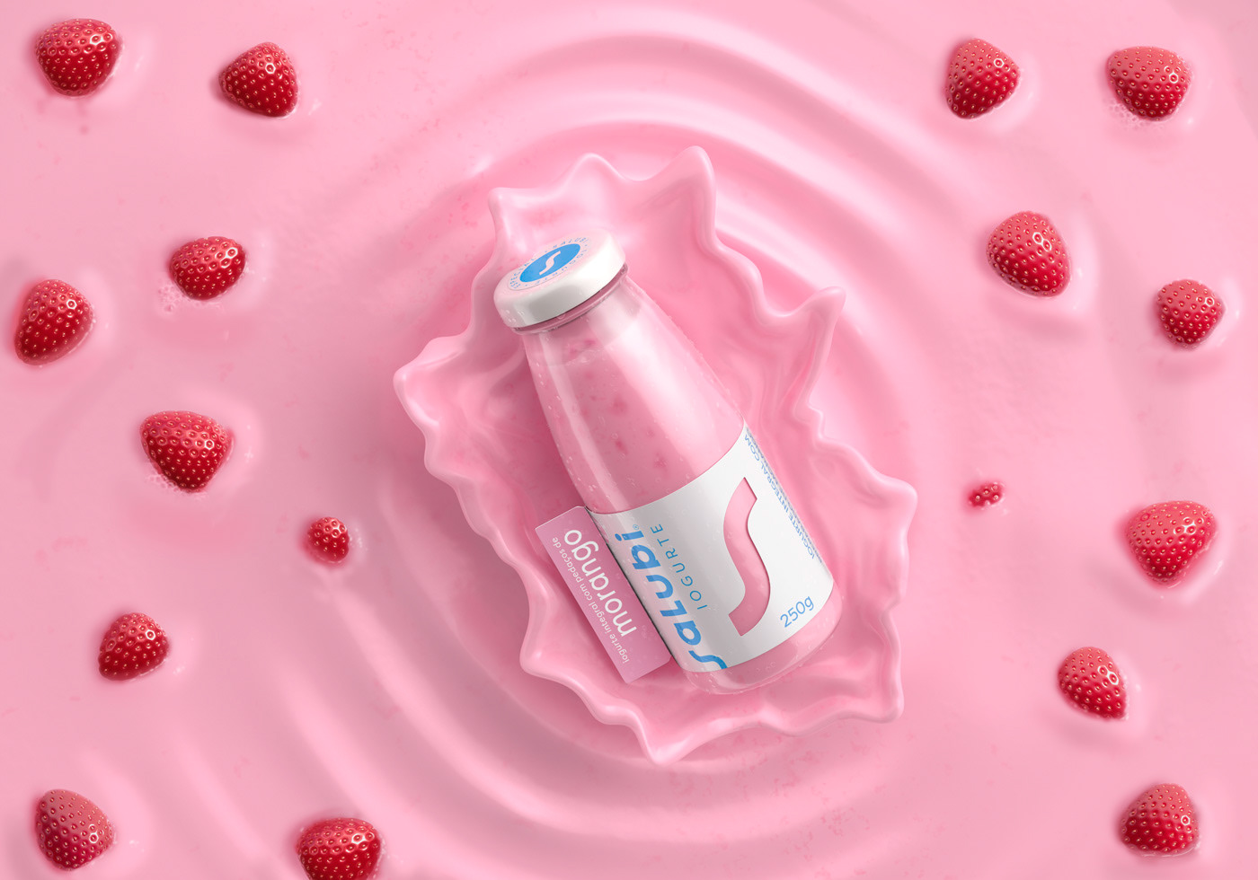a cgi key visual of a yogurt on a creamy background with strawberries