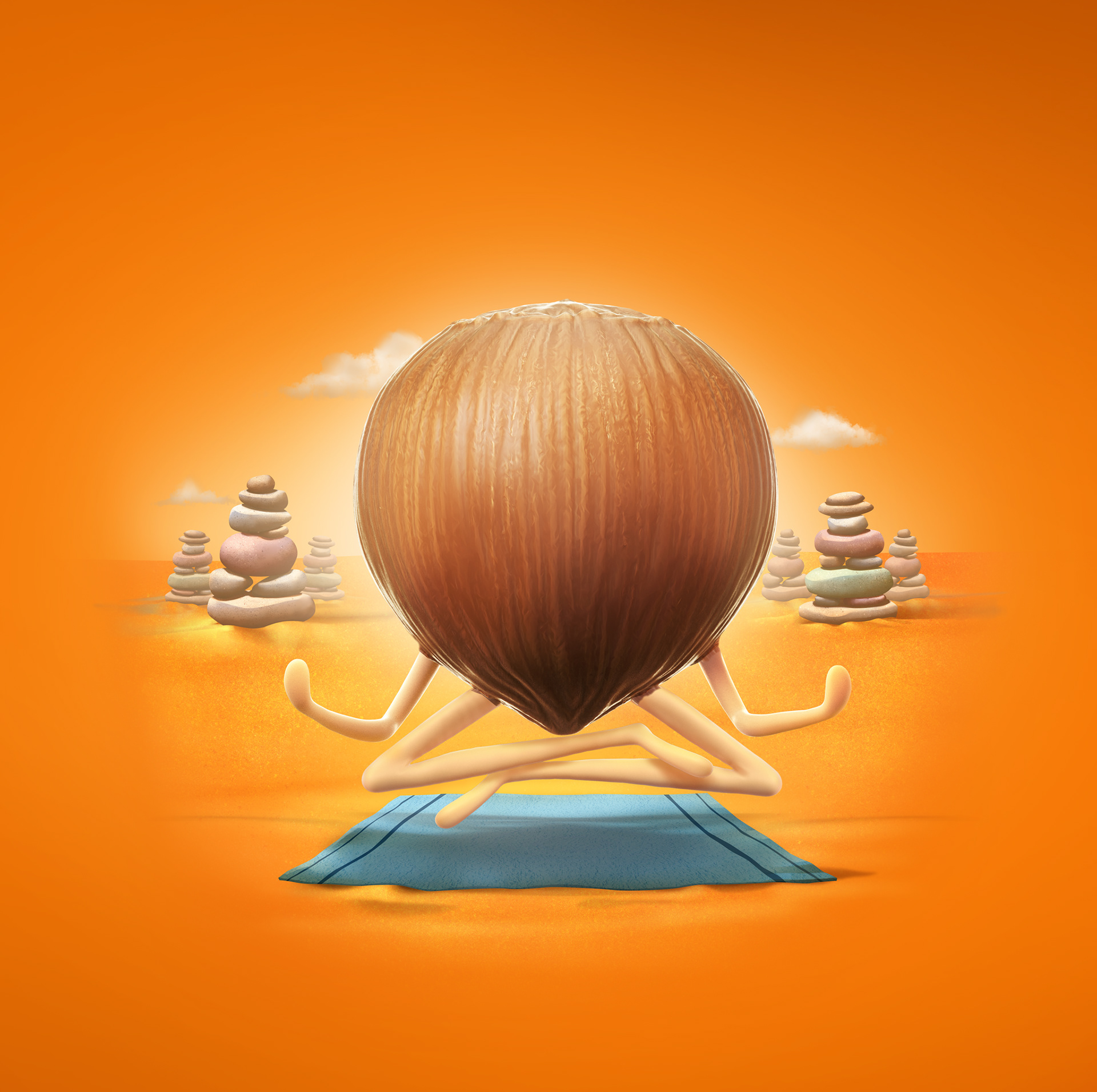 a 3d character of humanized hazelnut meditating on a CGI background