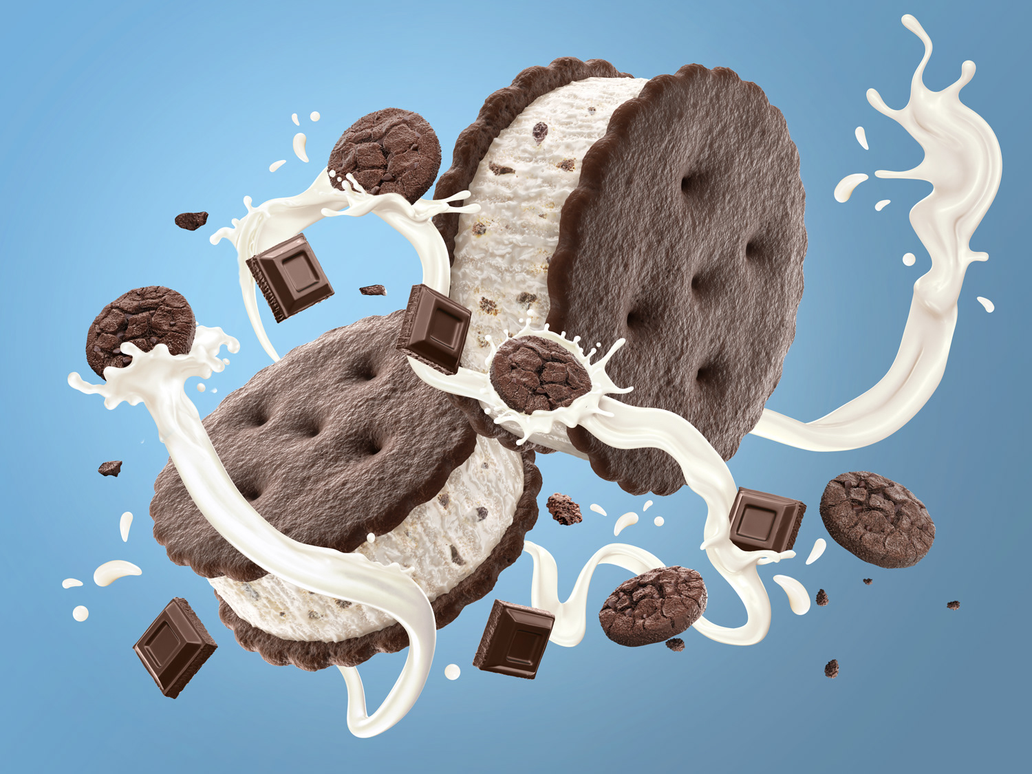 3d key visual ice cream bar cookie chocolate flavor on a light  blue background