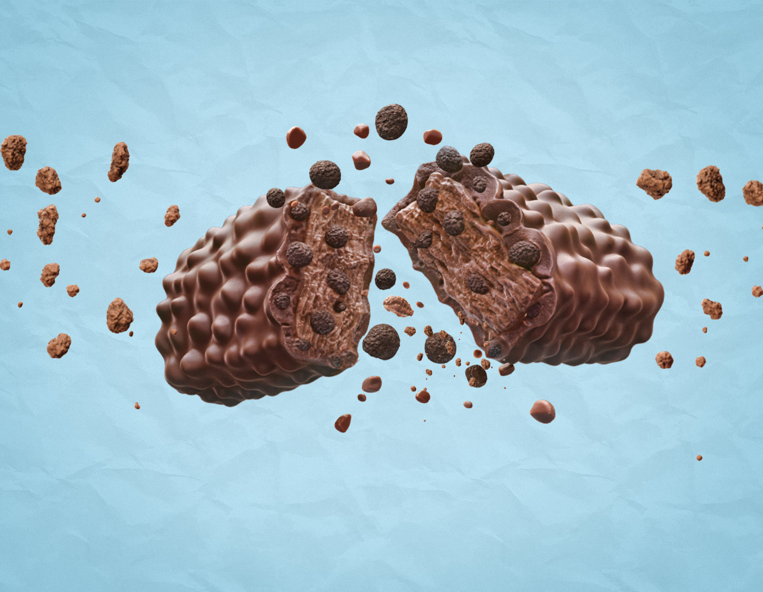 a 3d cgi vegan protein bar flavor crunchy chocolate on a light blue background with chocolate bits