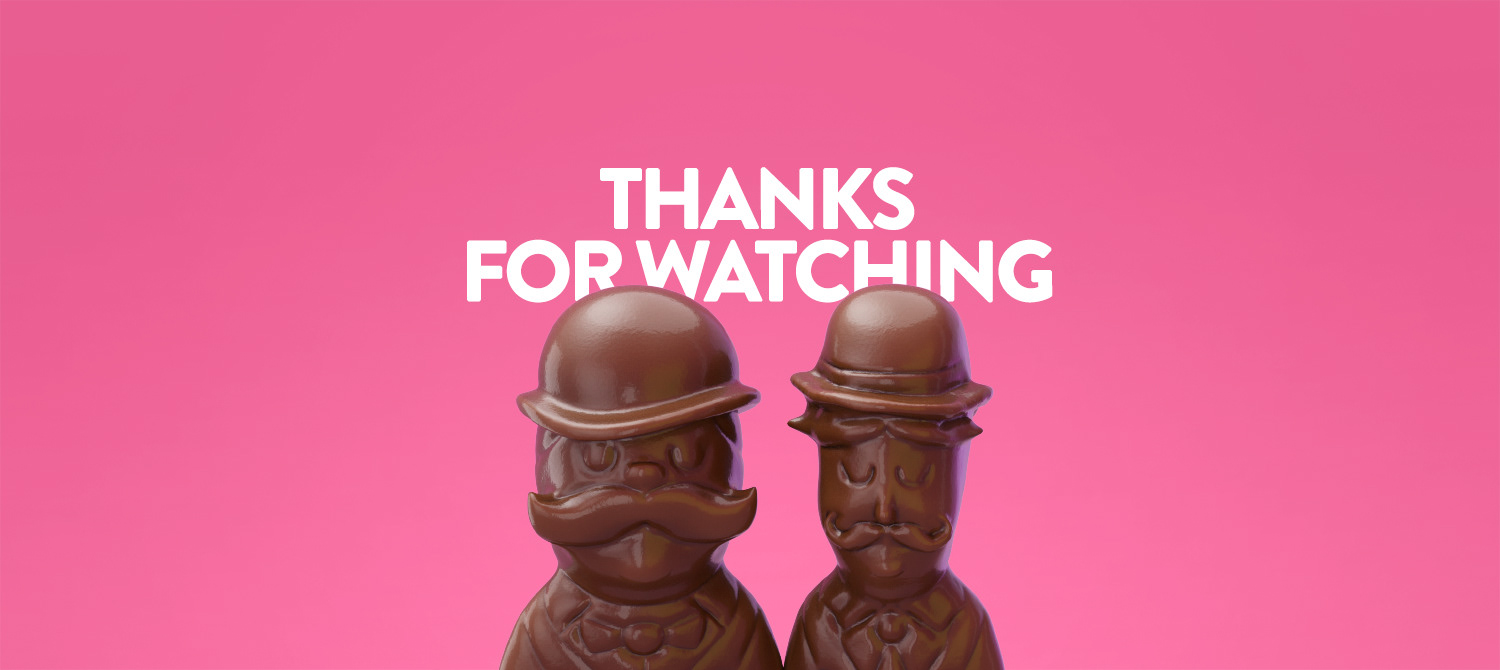 a 3d cgi chocolate in format of bearded men with hats on a pink background