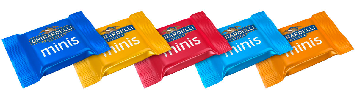 Photorealistic 3D renders of individual Ghirardelli Minis wrappers created for use in final packaging design layouts