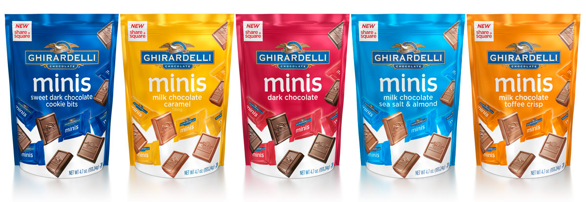 Ghirardelli Minis product line: five 3D rendered pouch varieties in coordinated color packaging