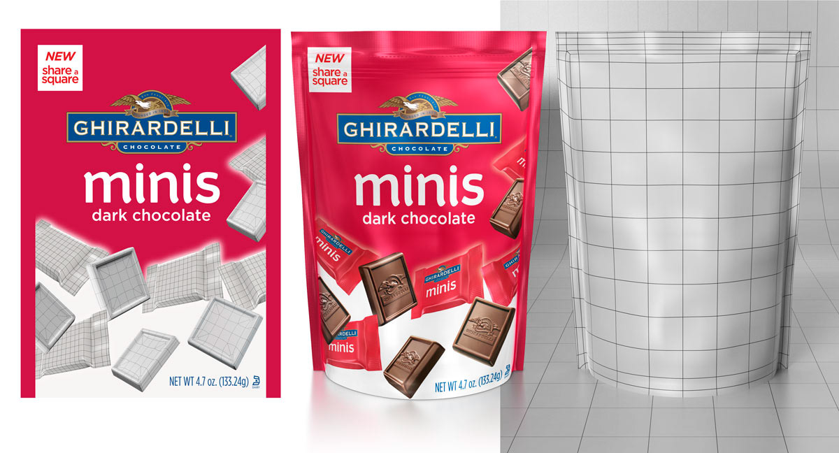 3D rendering process for Ghirardelli Minis packaging showing flat design, photorealistic render, and wireframe model