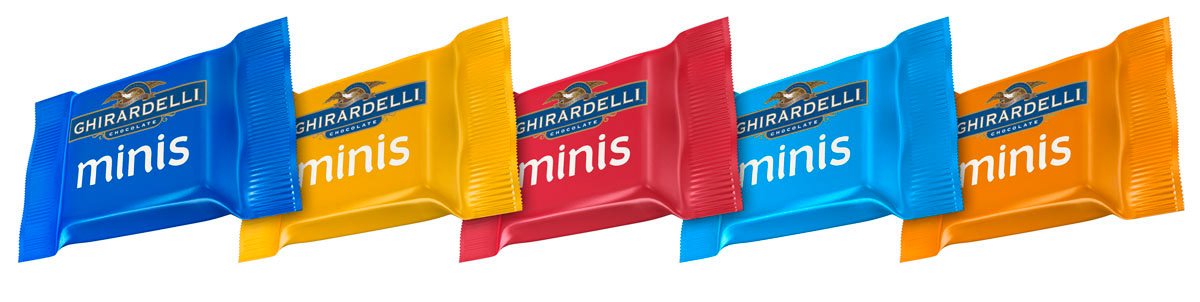 Photorealistic 3D renders of individual Ghirardelli Minis wrappers created for use in final packaging design layouts